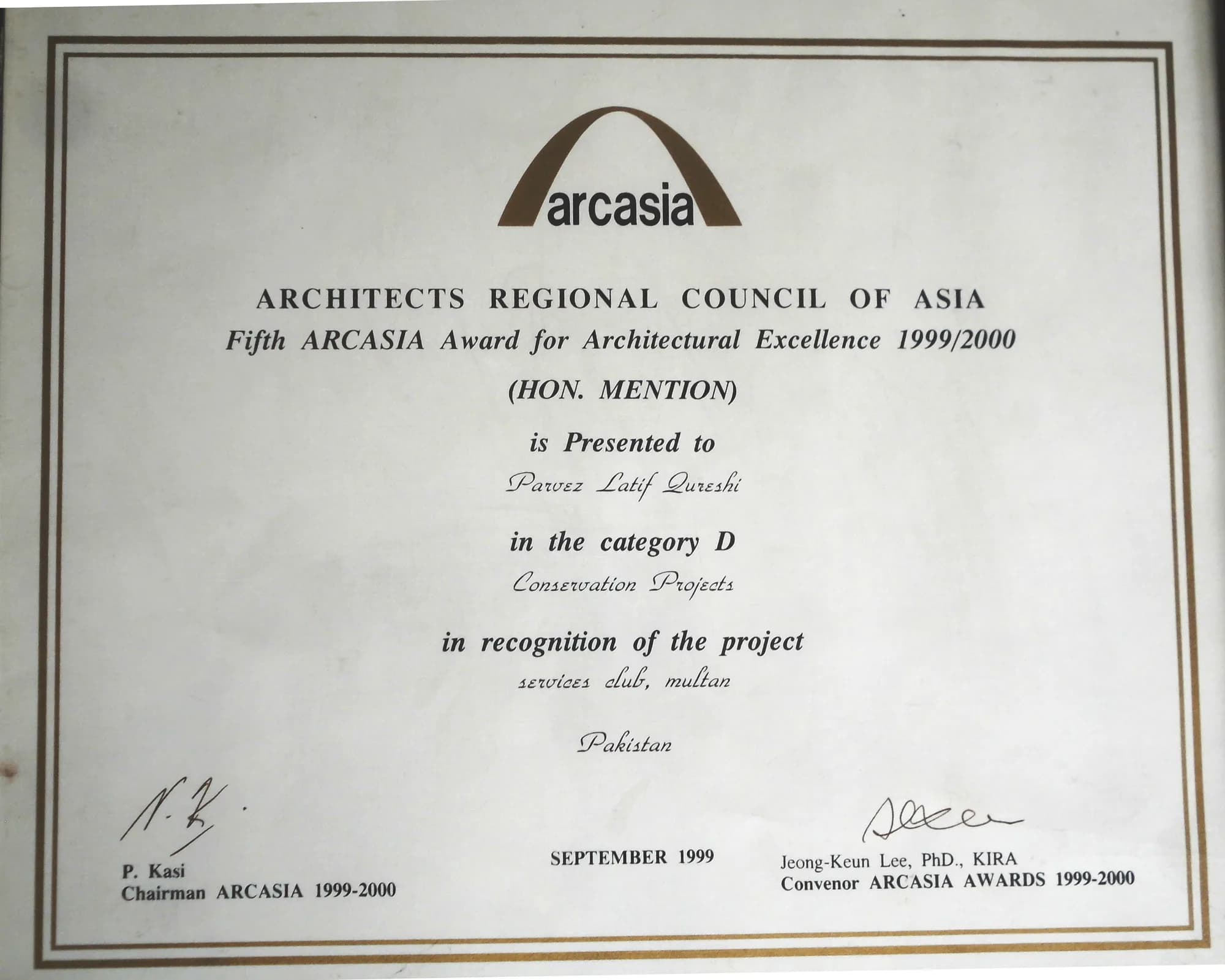 ARCASIA award certificate for Services Club, Multan