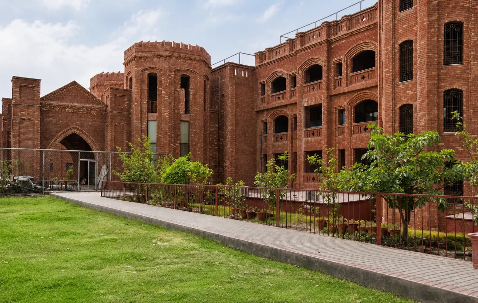 Historic brick building and garden in Lahore