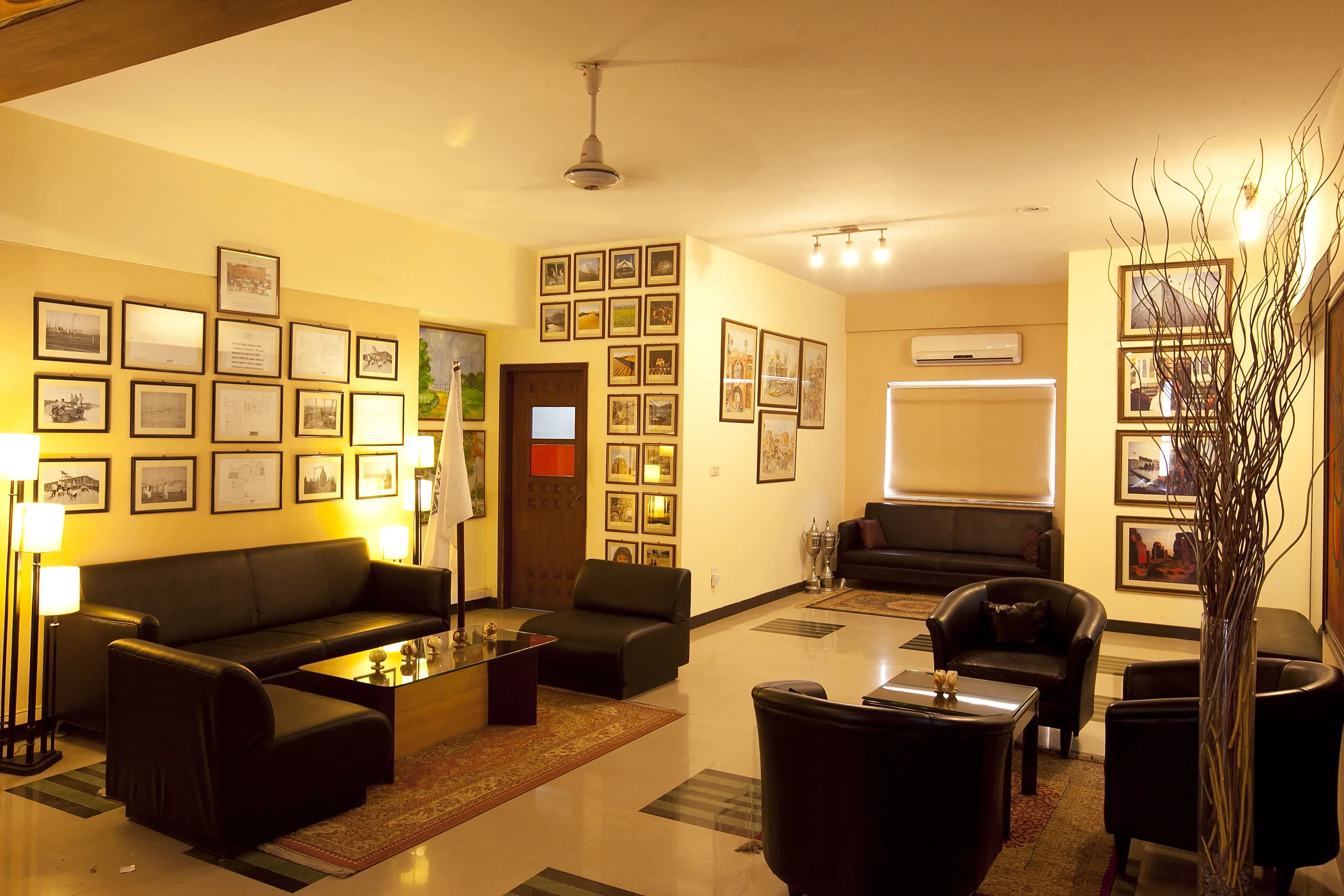 Warmly lit interior space with architectural detailing